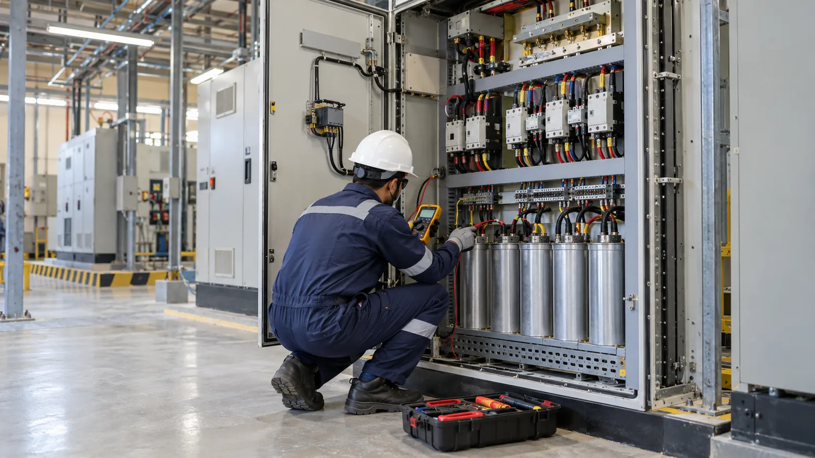 Technician measuring capacitance on an APFC panel as part of a capacitor bank maintenance checklist in Saudi Arabia
