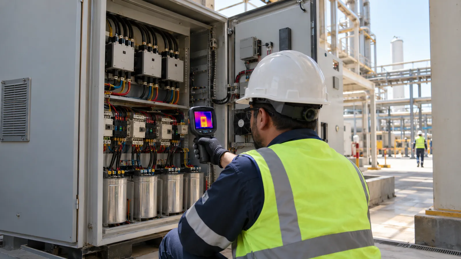 Engineer carrying out capacitor bank maintenance with a thermal camera on an APFC panel in Saudi Arabia