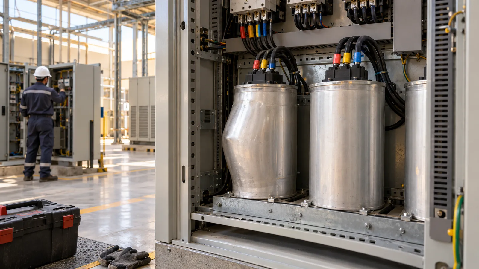 Bulging capacitor cans in a panel showing capacitor bank replacement signs at a Saudi Arabia plant
