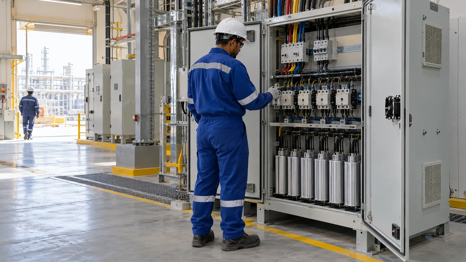 Detuned capacitor bank with series reactors beside a standard capacitor bank in a Saudi Arabia workshop