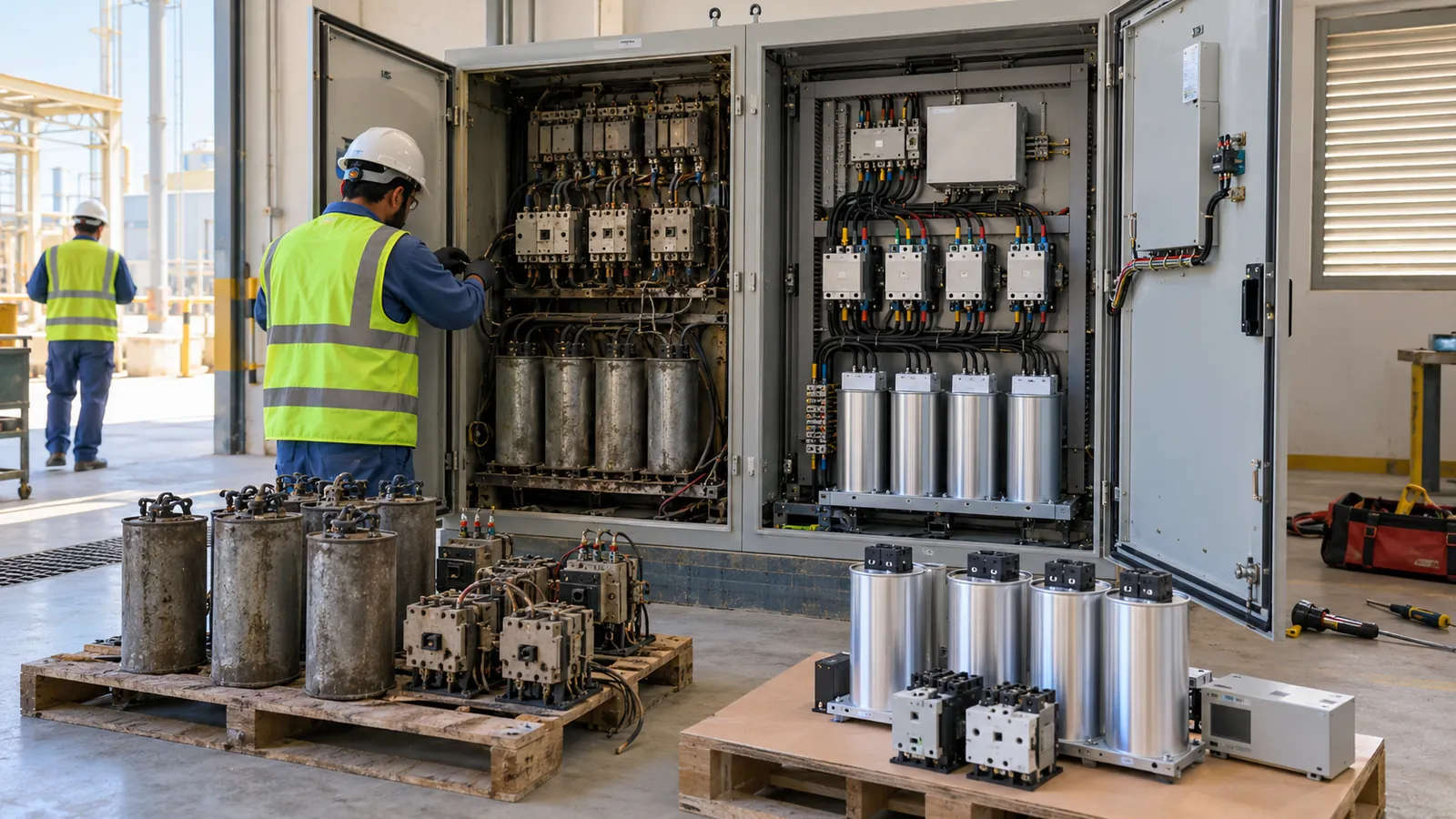 Engineer carrying out capacitor replacement inside an ageing PFC panel in Saudi Arabia