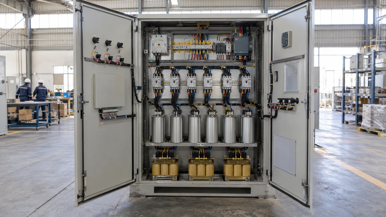 APFC panel with open door showing capacitor steps and reactors, used to explain power factor correction cost in Saudi Arabia