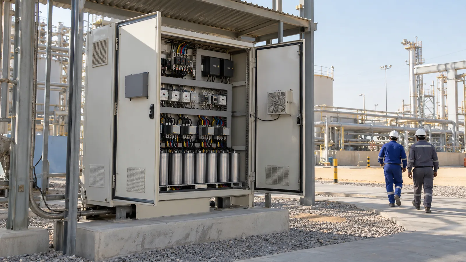 Outdoor power factor correction panel installed at an Eastern Province industrial site