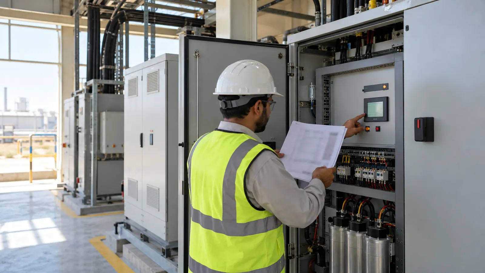 Engineer reviewing an electricity bill to remove a power factor penalty in Saudi Arabia