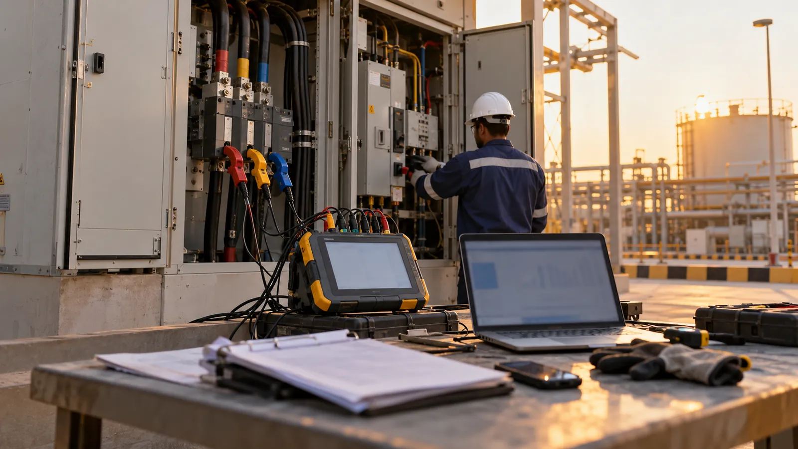 Engineer reviewing a power quality survey report beside a logger connected at a plant incomer in Saudi Arabia