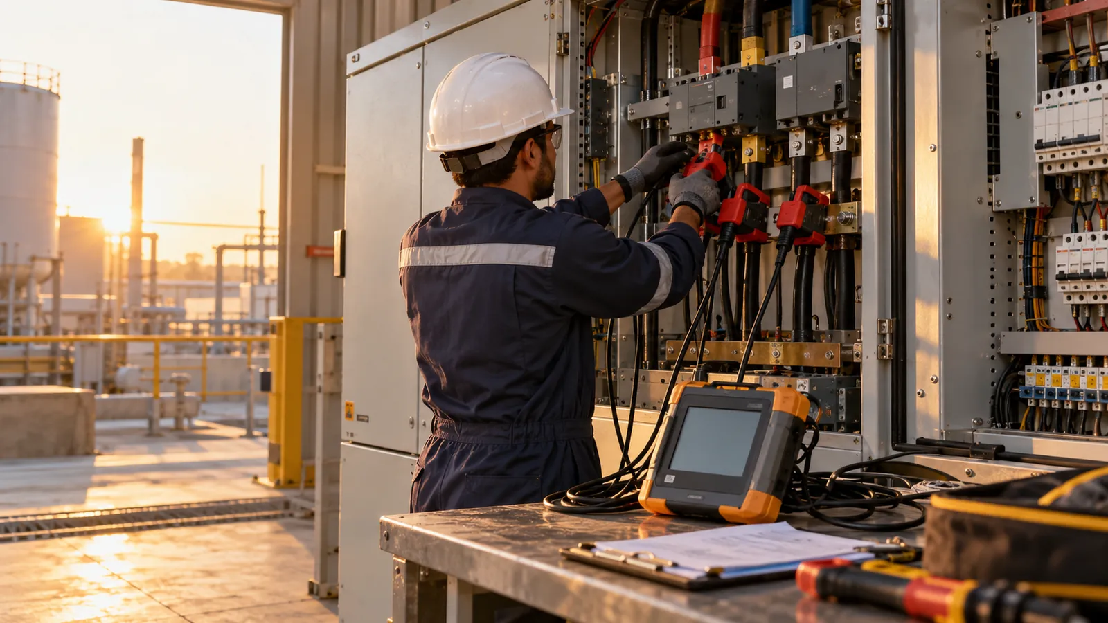 Engineer connecting a power quality analyser for a power quality survey in Saudi Arabia