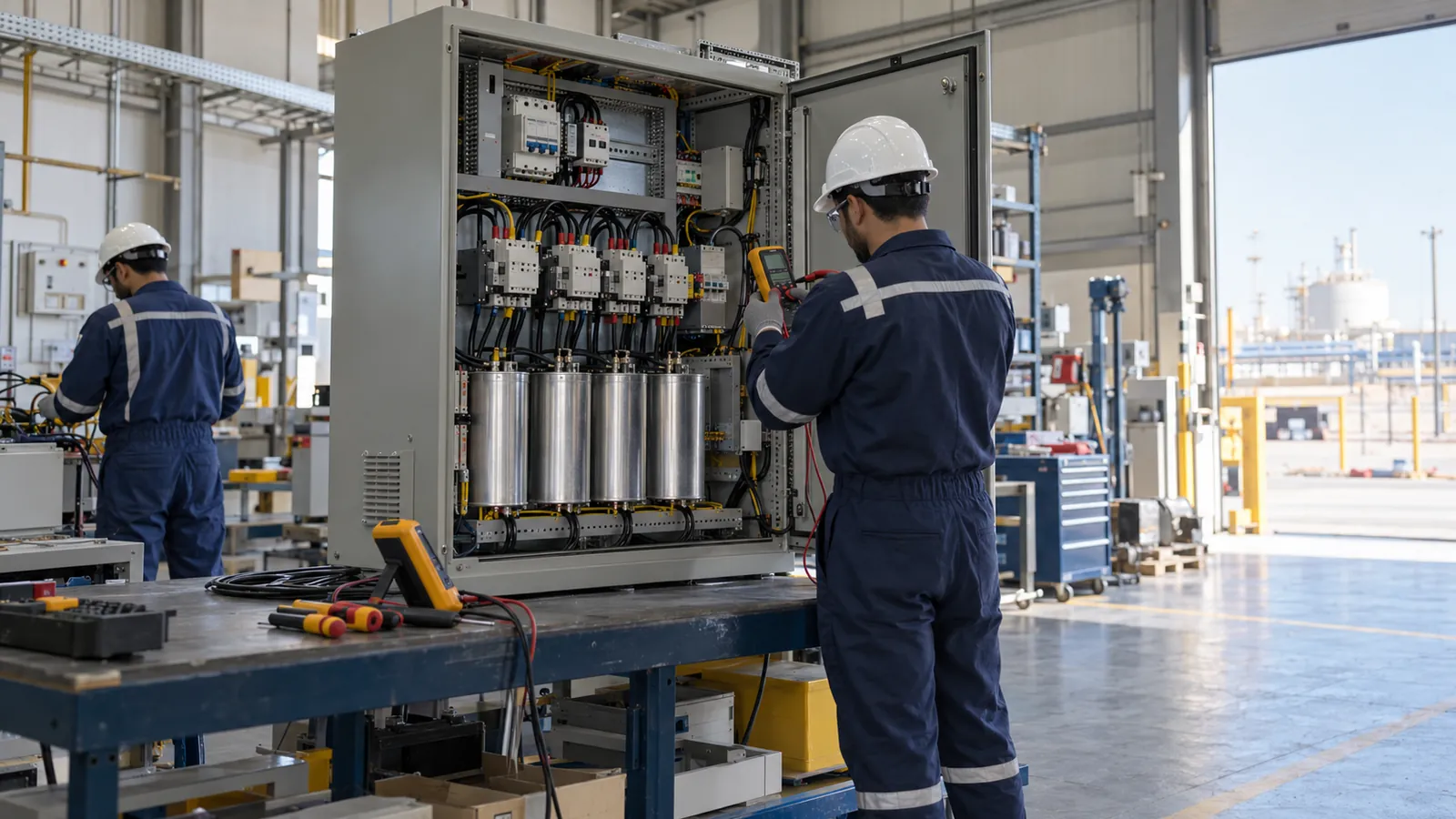 Workshop team at Saudi Power Factor Company testing a capacitor bank panel in Dammam