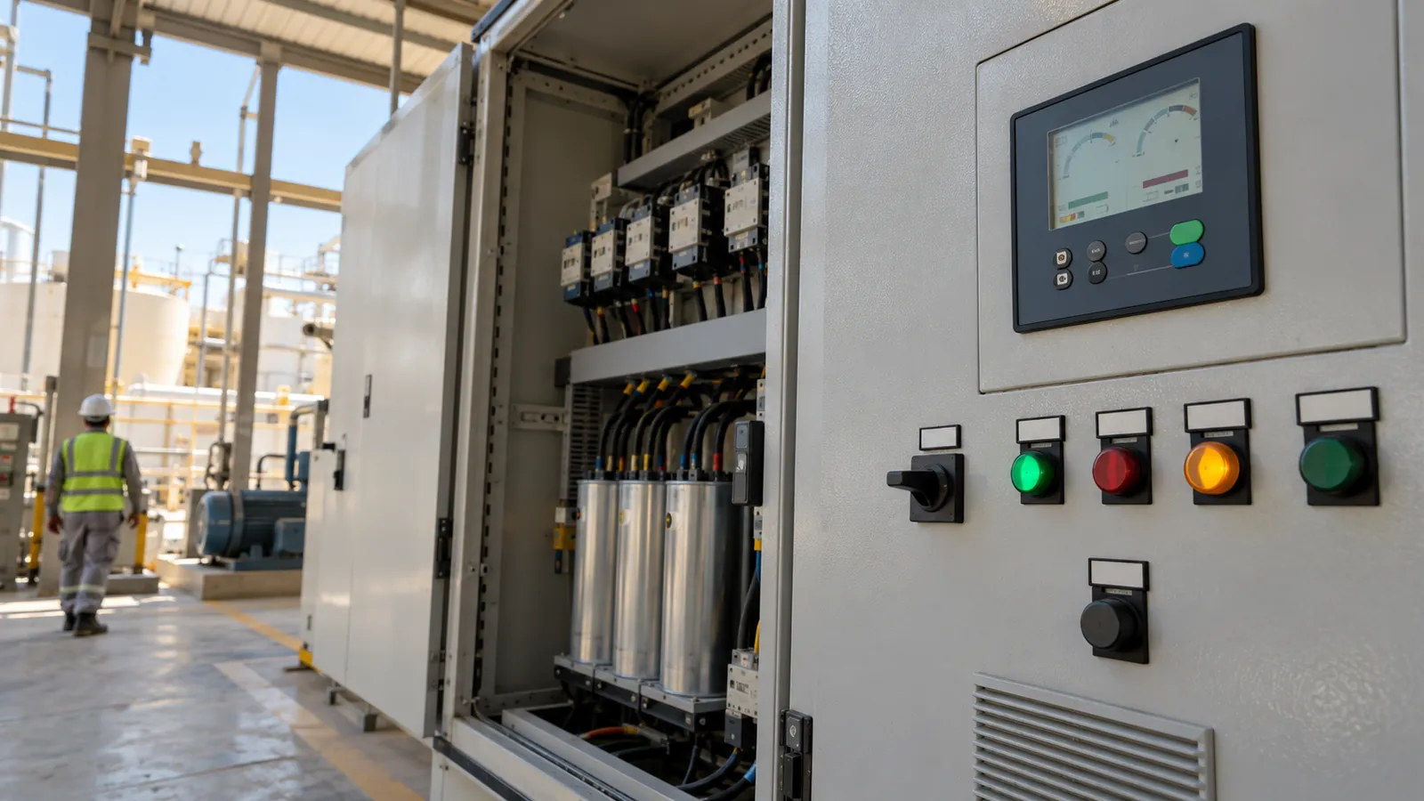 Power factor controller display set to a target power factor in a Saudi Arabia plant
