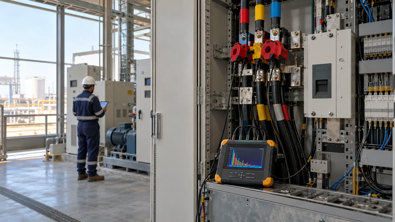 Power quality analyser recording VFD harmonics and power factor at a drive panel in a Saudi Arabia plant